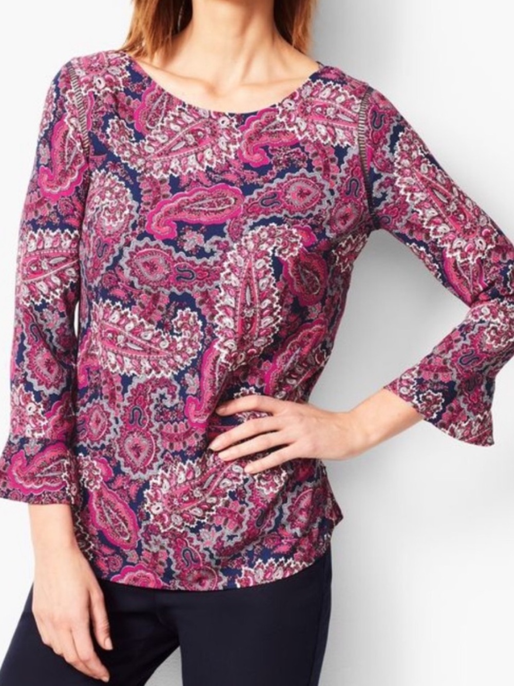 NEW Talbots Paisley Popover Top 3/4 Peplum Sleeve Closet Staple Effortless